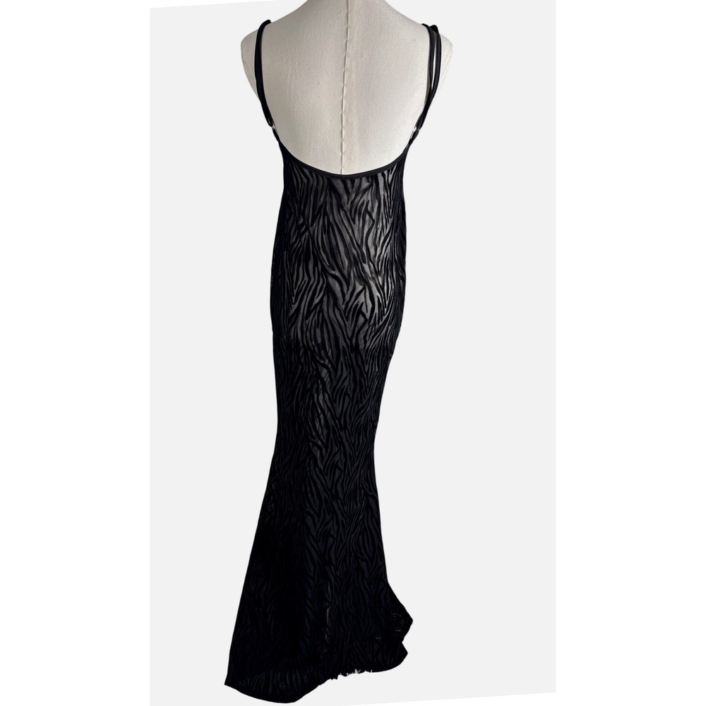 Showpo Black Zebra Burnout Mesh Maxi Dress Velvet Animal Print Scoop Back Size 8 - Picture 3 of 7